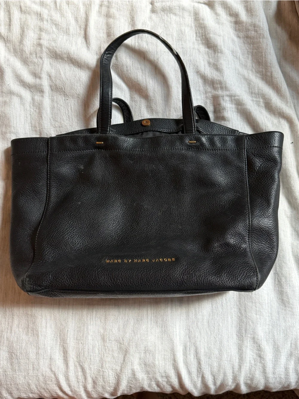 Marc Jacobs Black Pebbled Leather Tote with Gold Logo